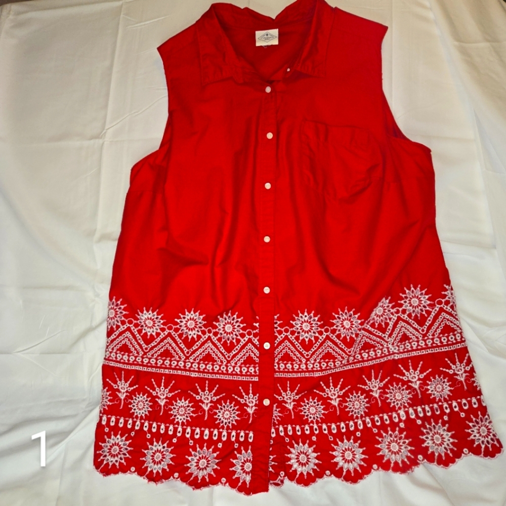 St. Johns Bay, Button Down, Sleeveless Blouse, Red With White Eyelet Detailing